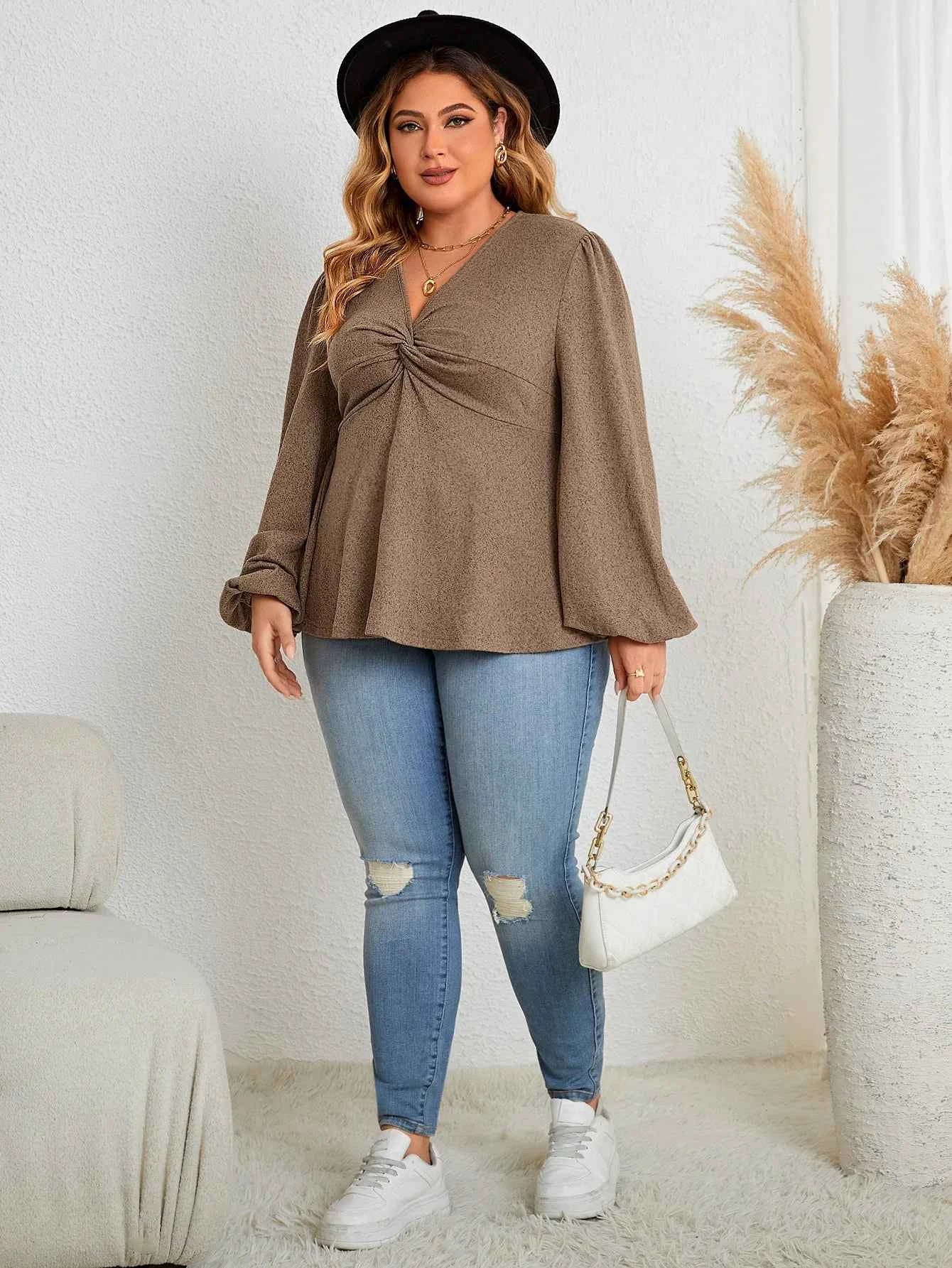 Fairyshely 2025 Spring Autumn V Neck Plus Size Top Women Long Sleeve Loose Large T-shirt Lady Brown Casual Curvy Pullover Tops