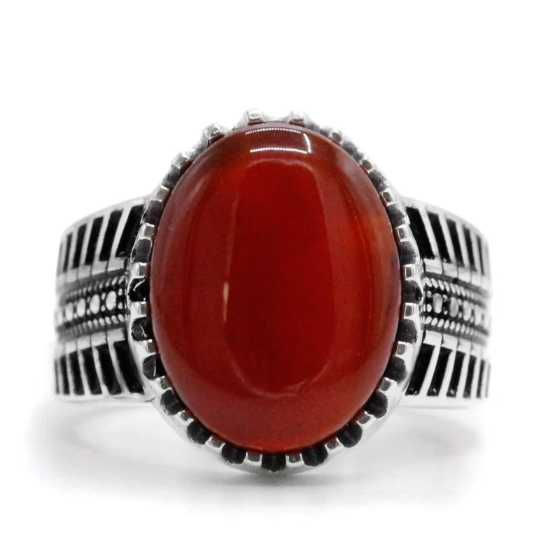 Türkiye Men's Handmade Ring S925 Silver Classic Vintage Natural Red Agate Fashion Holiday Jewelry Holiday Party Gift