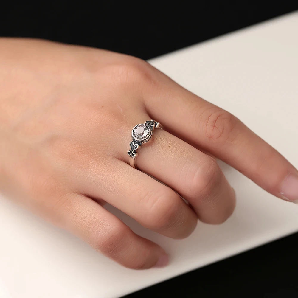 Vintage S925 sterling silver ring paired with natural white crystal, Bohemian style ring, birthday gift jewelry, adjustable size - AMULET RING STORE