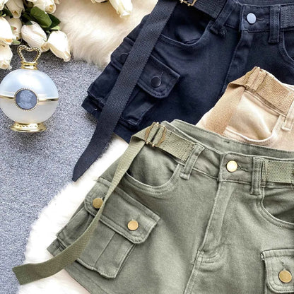 Women's Summer High Waisted Stretchy Denim Shorts Korean Cargo Style Slim Fit Ultra Short Hot Pants with Large Pockets for Dance