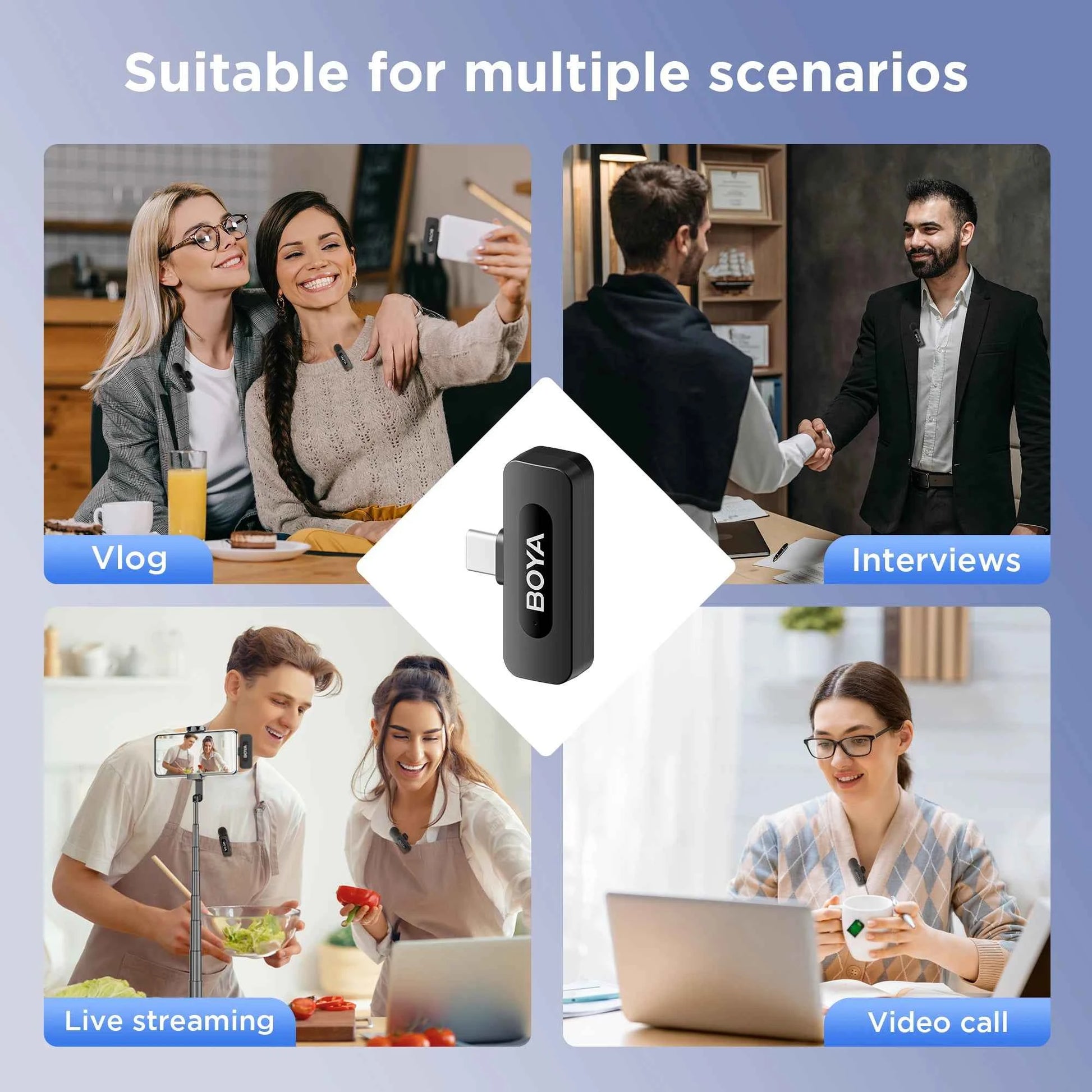 BOYA Wireless Lapel 2pcs Microphone for Android Smartphone Laptop - Omnidirectional USB C Condenser Video Recording Microphone