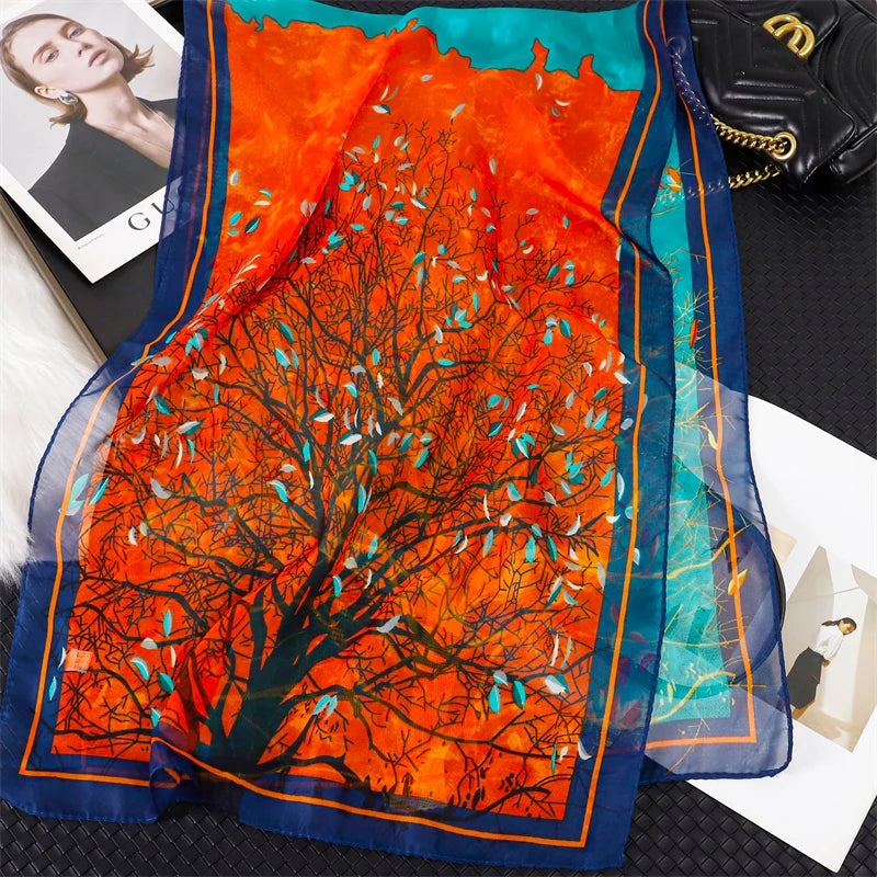45*155cm Print Design Women Silk Scarf Shawl Elegant Headscarf Convinient Bandage Hijabs Chiffon Muslim Wrap Scarves - AMULET RING STORE