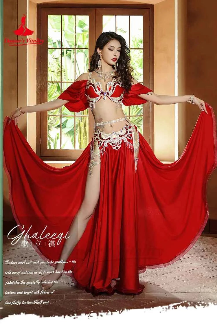 Belly Dance Performance Suit for Women Senior AB Stones Bra+satin Split Long Skirt 2pcs for Women Oriental Belly Dancing Outfit