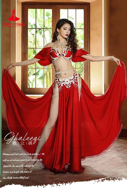 Belly Dance Performance Suit for Women Senior AB Stones Bra+satin Split Long Skirt 2pcs for Women Oriental Belly Dancing Outfit