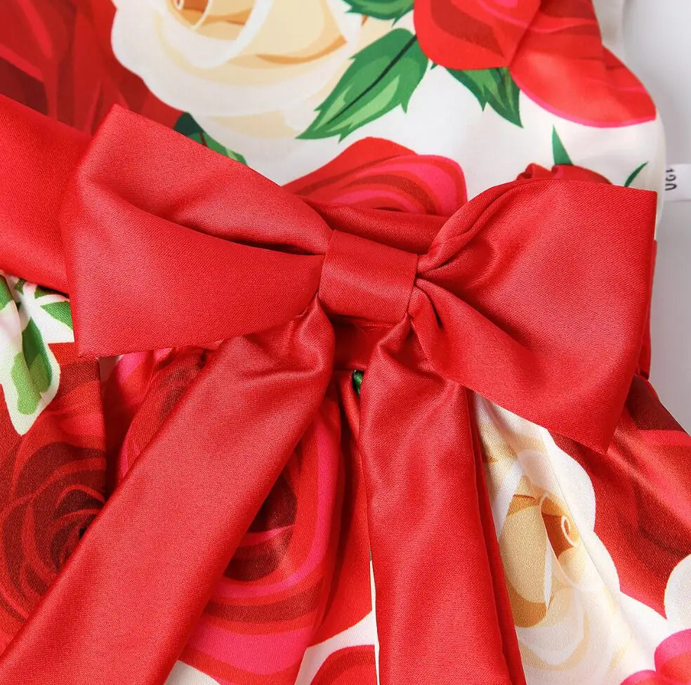 Summer Girls Rose Print Dress Princess Wedding Birthday Party Frocks Satin Children Vestidos Dresses For Girl Christmas Clothing