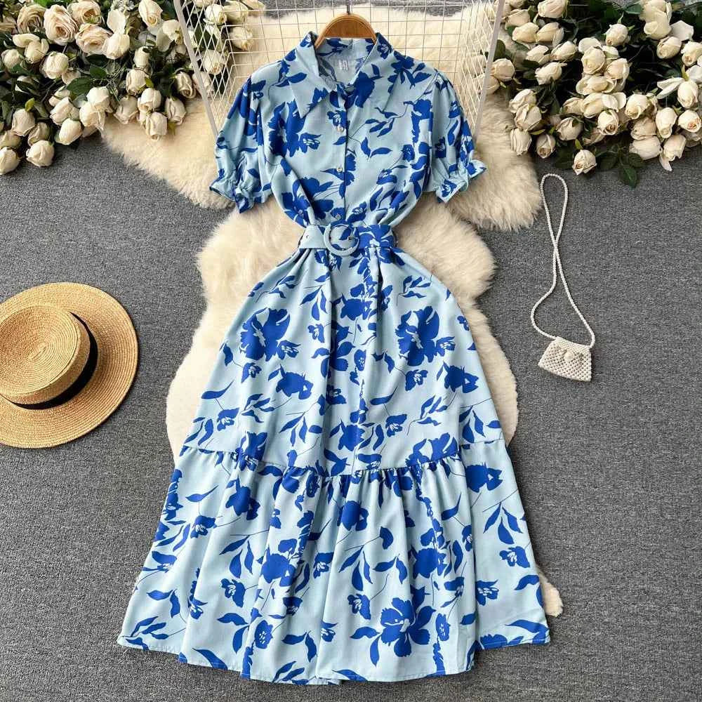 YuooMuoo Women Dress 2025 Summer Fashion Lady Elegant Vintage Floral Print Long Shirt Dress with Belt Vintage Party Robe Femme