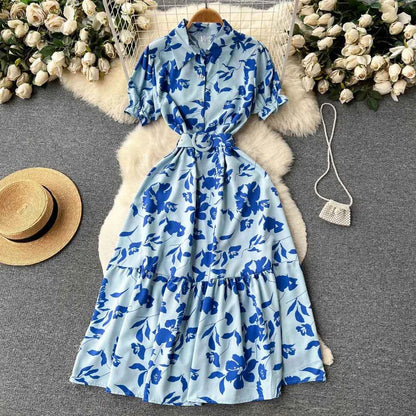 YuooMuoo Women Dress 2025 Summer Fashion Lady Elegant Vintage Floral Print Long Shirt Dress with Belt Vintage Party Robe Femme