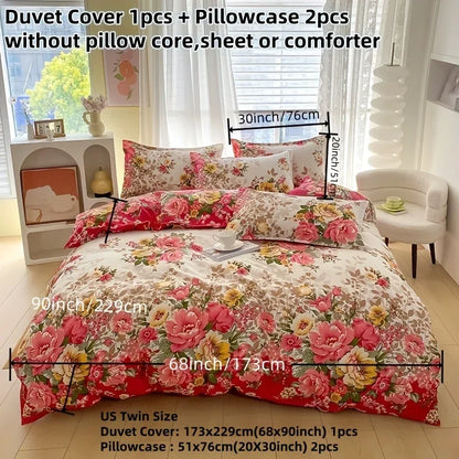 Floral Duvet Cover Set with Zipper Closure - 3 Piece Bedding Set Includes 1  Duvet Cover and 2 Pillowcases