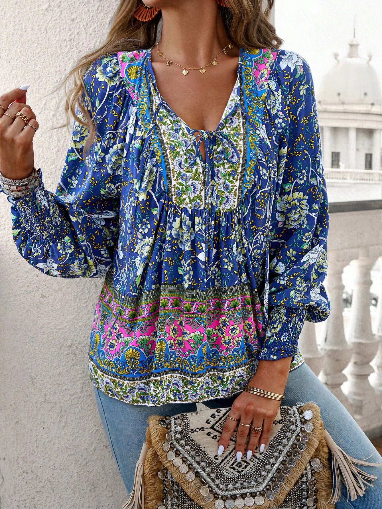 2024 Summer Fashion New Women's Elegant Casual Printed V-neck Shirt with Bubble Sleeves and Loose Commuting Style Top - AMULET RING STORE