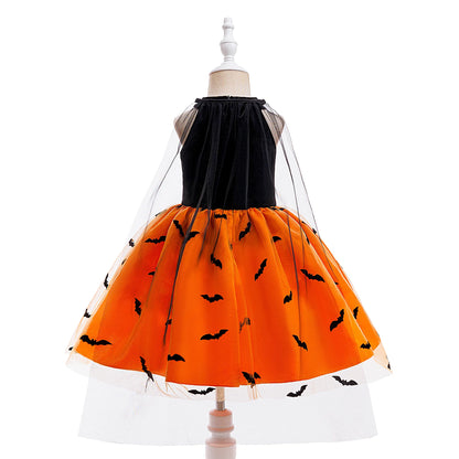 Girl Halloween costume 4-8 Yrs Halloween Theme Party Dresses Skeleton Bat Pumpkin Print Frocks Luxury Fluffy Kids Elegant Gown
