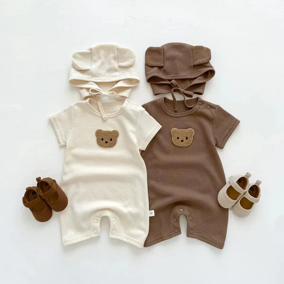 Cotton Romper Gift Hat with Ear New In Summer Kids Baby Girls Boys Short Sleeve Waffle Patch Bear Infant Newborn Jumpsuits - AMULET RING STORE