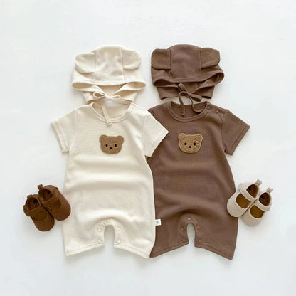 Cotton Romper Gift Hat with Ear New In Summer Kids Baby Girls Boys Short Sleeve Waffle Patch Bear Infant Newborn Jumpsuits - AMULET RING STORE