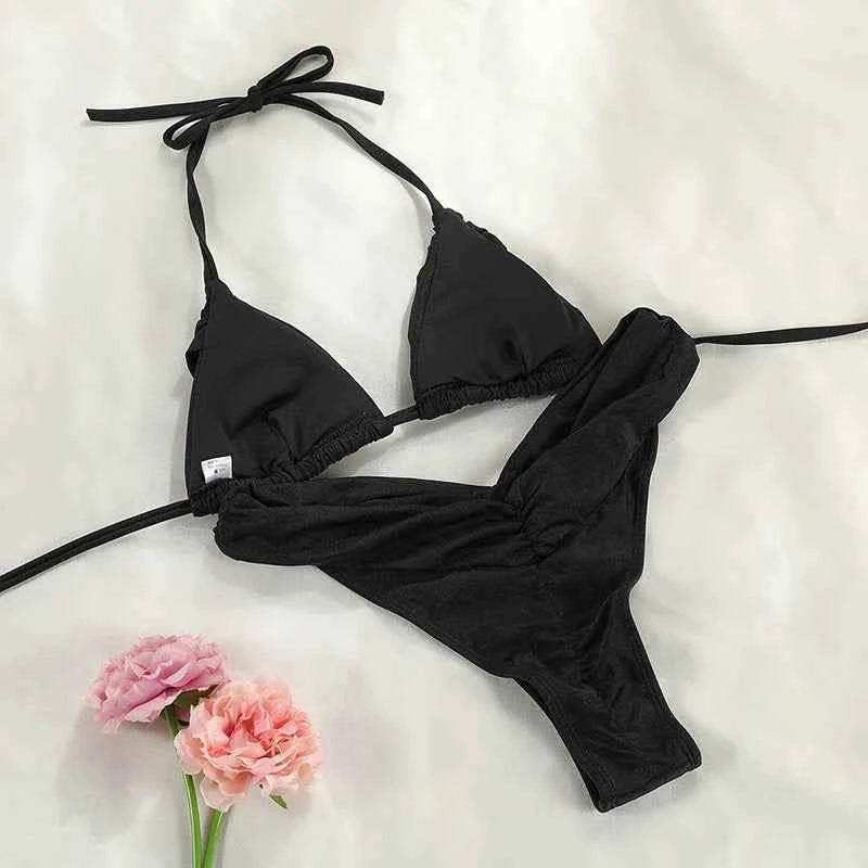 Sexy Folds Bikini Set Solid Micro Bikinis Women Swimsuit Female Triangle Swimwear Beach Wear Bathing Suit