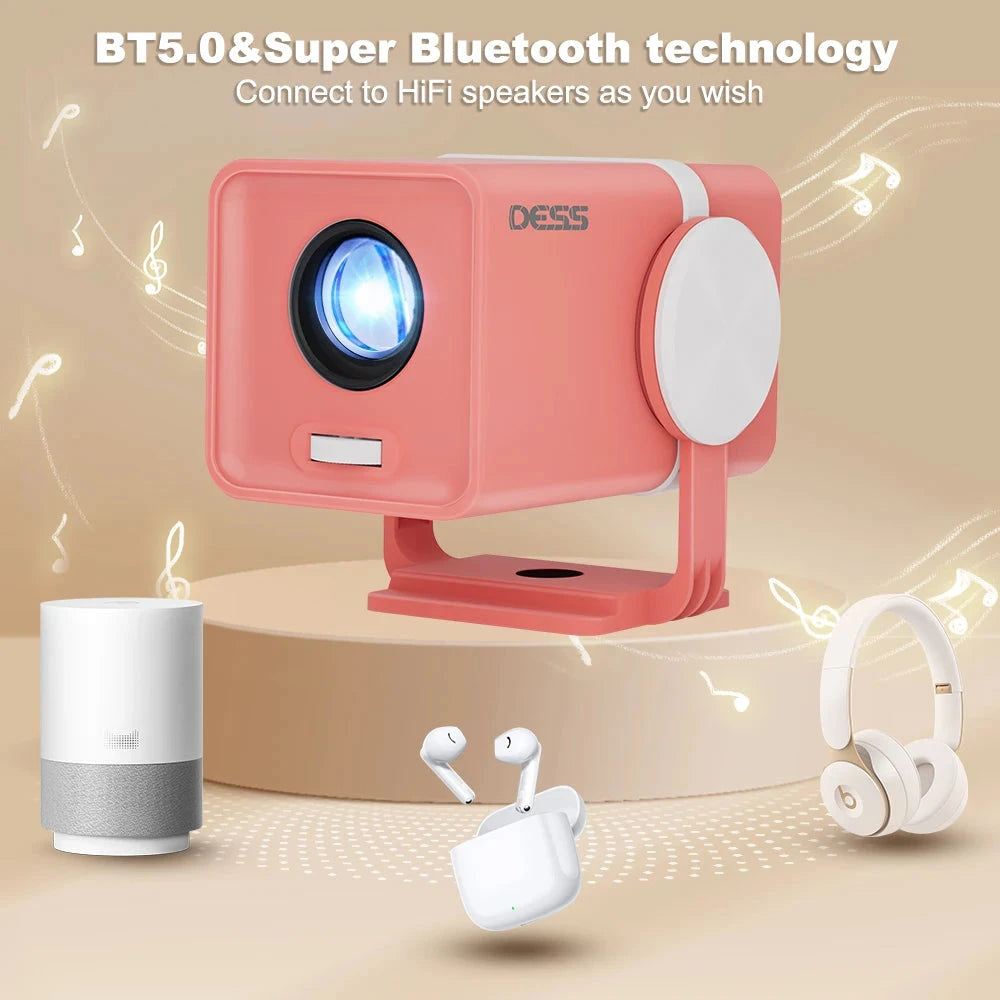 DESS Projector 4K Mini Portable Build-in Apps WIFI6 Mirror SmartPhone For 4K Video Home Cinema Projector Outdoor Rotatable 180°
