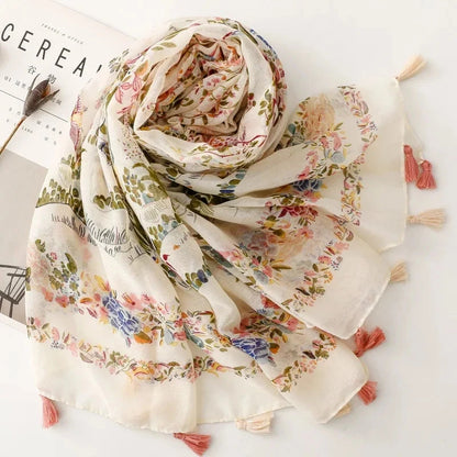 Four Seasons Available Luxury Women Viscose Scarf Designer Shawl Cotton Linen Feeling Tassel Pashmina Muslim Hijab Wrap Floral