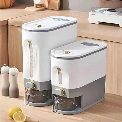 Large-capacity rice storage tank – sealed and moisture-proof, equipped with a measuring cup and cleaning brush.