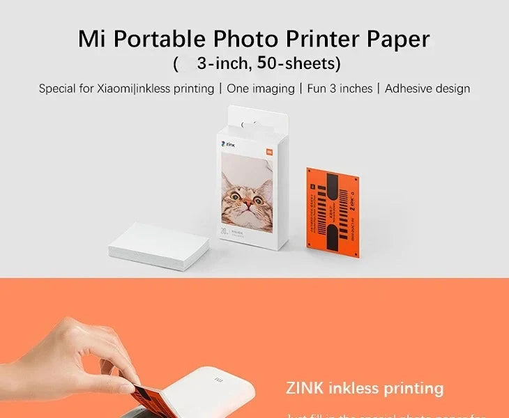 Original 100% Xiaomi ZINK Pocket Printer Paper Self-adhesive Photo Print 50pcs Sheets Xiaomi 3-inch Mini Pocket Photo Printer