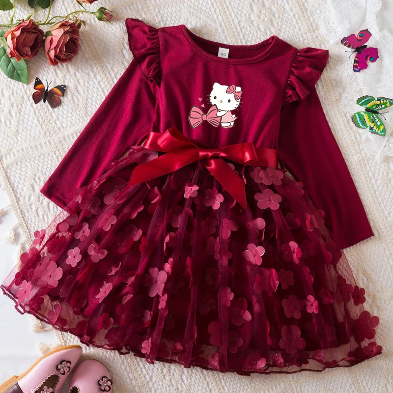 Hello Kitty Autumn Dress for Kid's Casual Clothes 3D Butterfly Cute Long Sleeve Baby Girls Princess Dress Party Dresses 2-6 Yrs