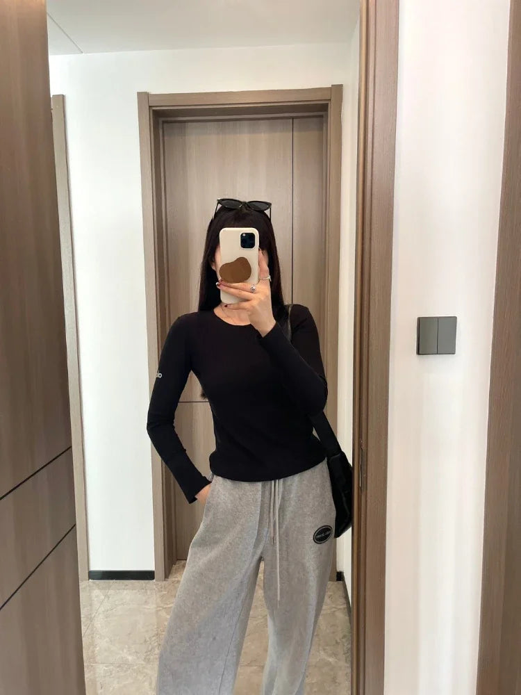 Women's Sports Quick Drying Fitness Yoga Top Simple Black White Long Sleeved Threaded T-shirt Fashion Solid Color Cotton T-shirt