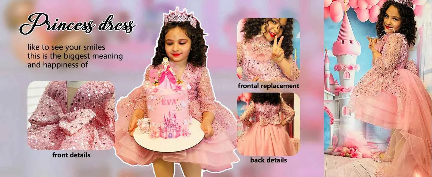 Baby Girls Dress Pink Bubble Sleeve Butterfly Dress Pageant Dresses for Toddler Girls Official Christmas Dinner Clothes