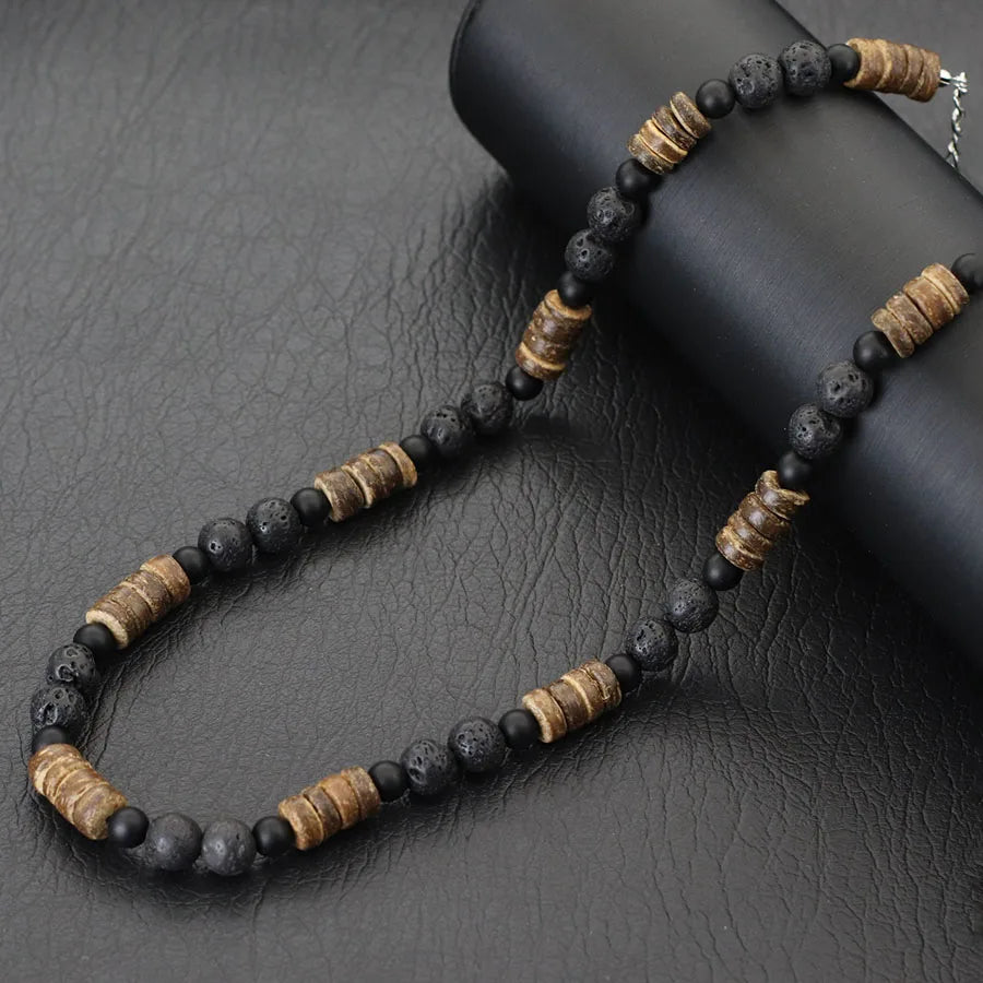 Natural Coconut Husk Wooden Necklace For Men 18 Inches Short Collar Volcanic Rock Tiger Eyes Stone Colar Jewelry Gift For Him