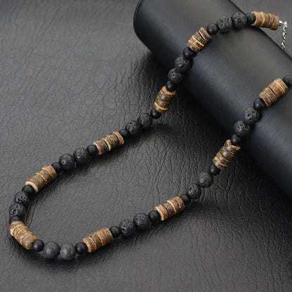 Natural Coconut Husk Wooden Necklace For Men 18 Inches Short Collar Volcanic Rock Tiger Eyes Stone Colar Jewelry Gift For Him