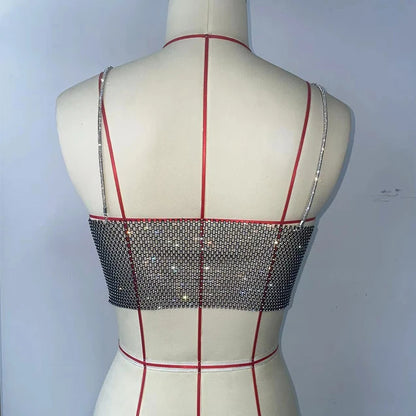 Summer Women Elastic Fishnet Crop Top Glitter Rhinestone Mesh Fine Flash Shoulder Strap V Neck Tank Top Rave Festival Camisole - AMULET RING STORE