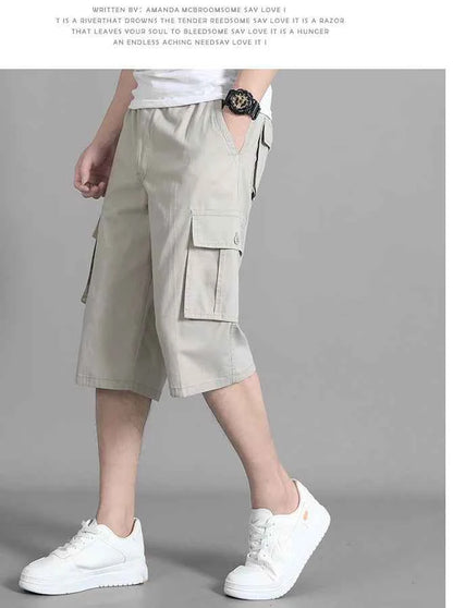New Men's Cropped Cargo Shorts Men Casual Sports Pants Zipper Pocket Summer Cotton Shorts Running Jogger Shorts Elastic Waist