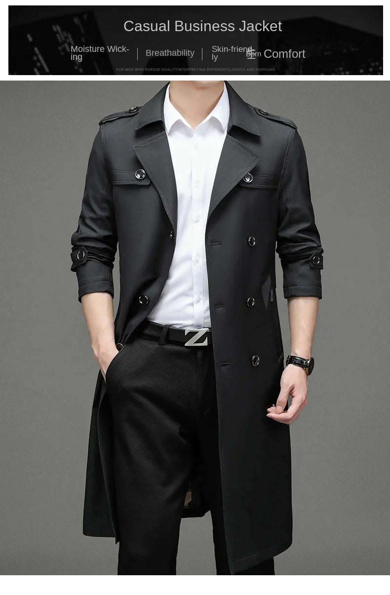 Brand Business Men's Windbreaker 2023 Autumn High-quality Khaki Navy Black Double-breasted Trench Coat Fashion Male New Clothing - AMULET RING STORE
