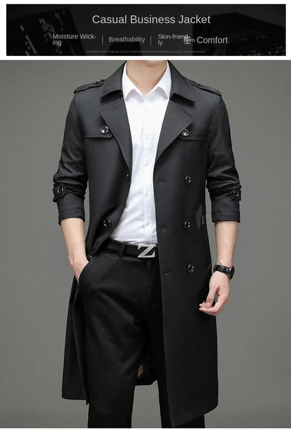 Brand Business Men's Windbreaker 2023 Autumn High-quality Khaki Navy Black Double-breasted Trench Coat Fashion Male New Clothing - AMULET RING STORE