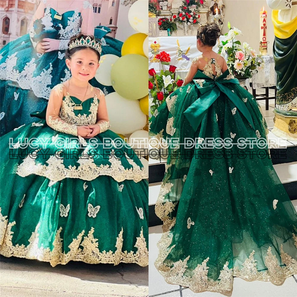 Elegant Quality Dark Blue Flower Girl Dress Tulle Fluffy Exquisite Lace Applique With Bow Little Princess Birthday Party Gowns