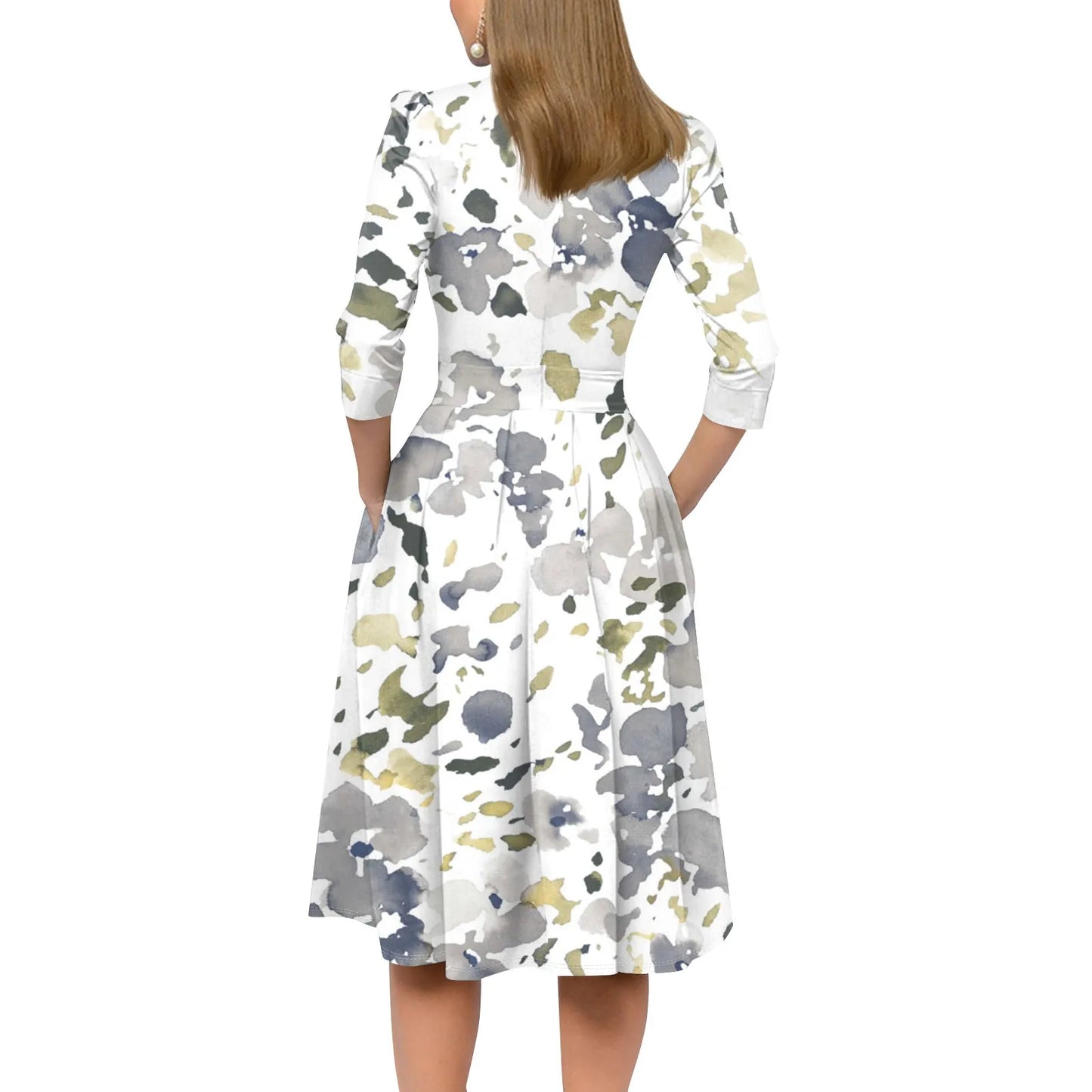 Traf Women 2025 Women'S Casual And Fashionable 3/4 Sleeve Pocket With Back Zipper Dress