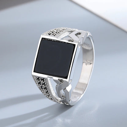 Silver Jewelry Ring Natural Oval Rectangle Big Black Agate Stone Vintage Ring For Women Party Anniversary Gifts Fine Jewelry