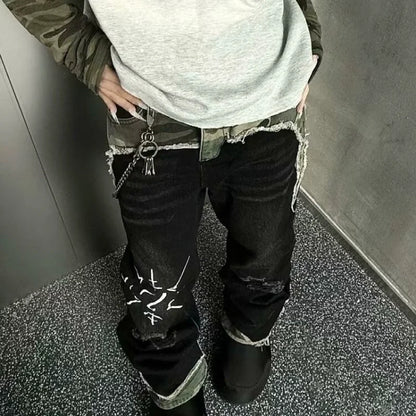 American Street Vintage Washed Camouflage Stitching Jeans Men And Women Y2K High Street Hip Hop Straight Baggy Slim Pants Tide