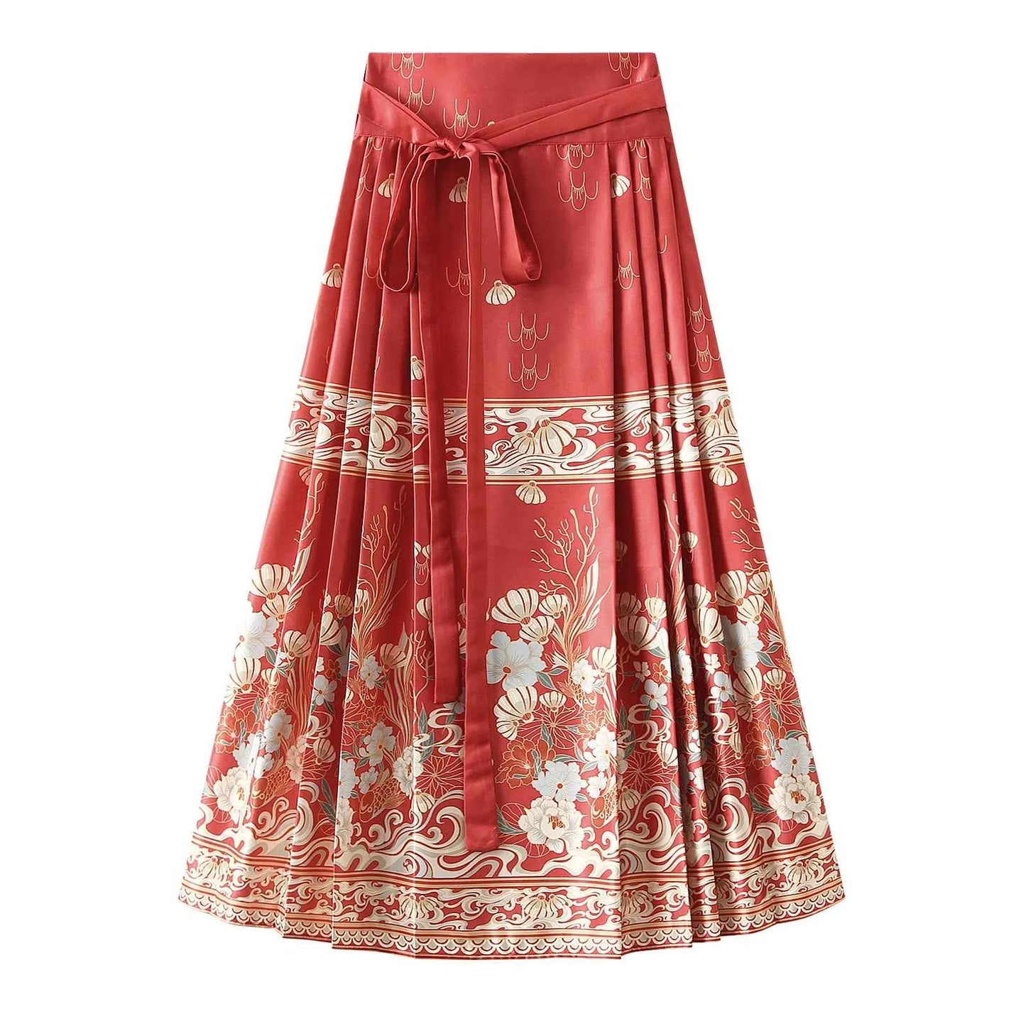 Women s Horse Face Skirt Elegant Phoenix Character Flower Print Pleated Tie Up A-Line Long Swing Skirt National Clothing