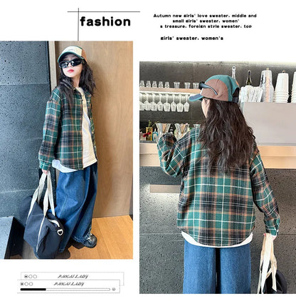 2025 Spring Girls Plaid Shirt Comfort Fashion Teen Kids Tops Clothes Casual All-match Long Sleeve Children Blouse 10 12 13 Years