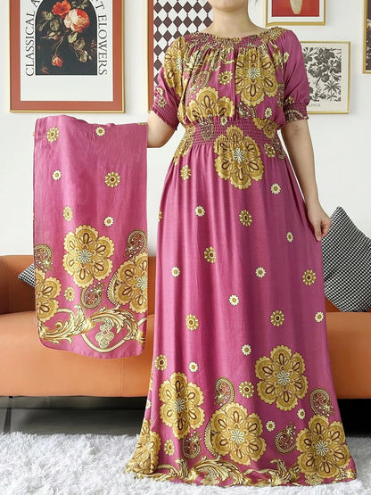 New Summer Women Abaya Short Sleeve Dashiki Floral Collect Waist Loose Maxi Robe Floral Femme Musulmane African Printing Abaya