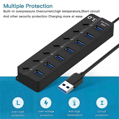 USB 3.0 Power Adapter 4/7 Port 5Gbps Multi USB Splitter Hub 2.0 USB Multiple Expander Switch 10CM Cable Hub Docking Stations