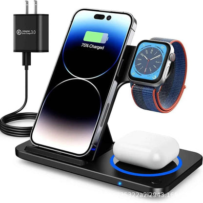 30W 3 in 1 Fast Wireless Charger Stand Foldable Wireless charging for IPhone 15 14 13 12 11 Apple Watch 9 8 7 6 5 Airpods Pro