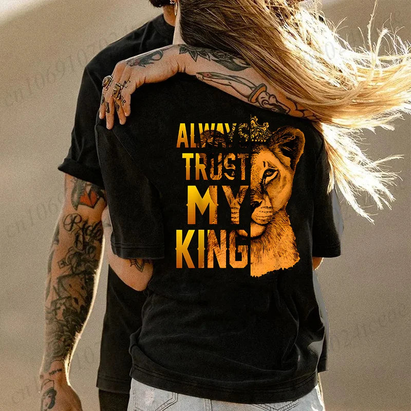 Fashion Valentine's Day Tees Shirt Lion Animal Back Print Graphic Y2k Tops Lover Couples Matching T-shirt Men & Women Clothing - AMULET RING STORE