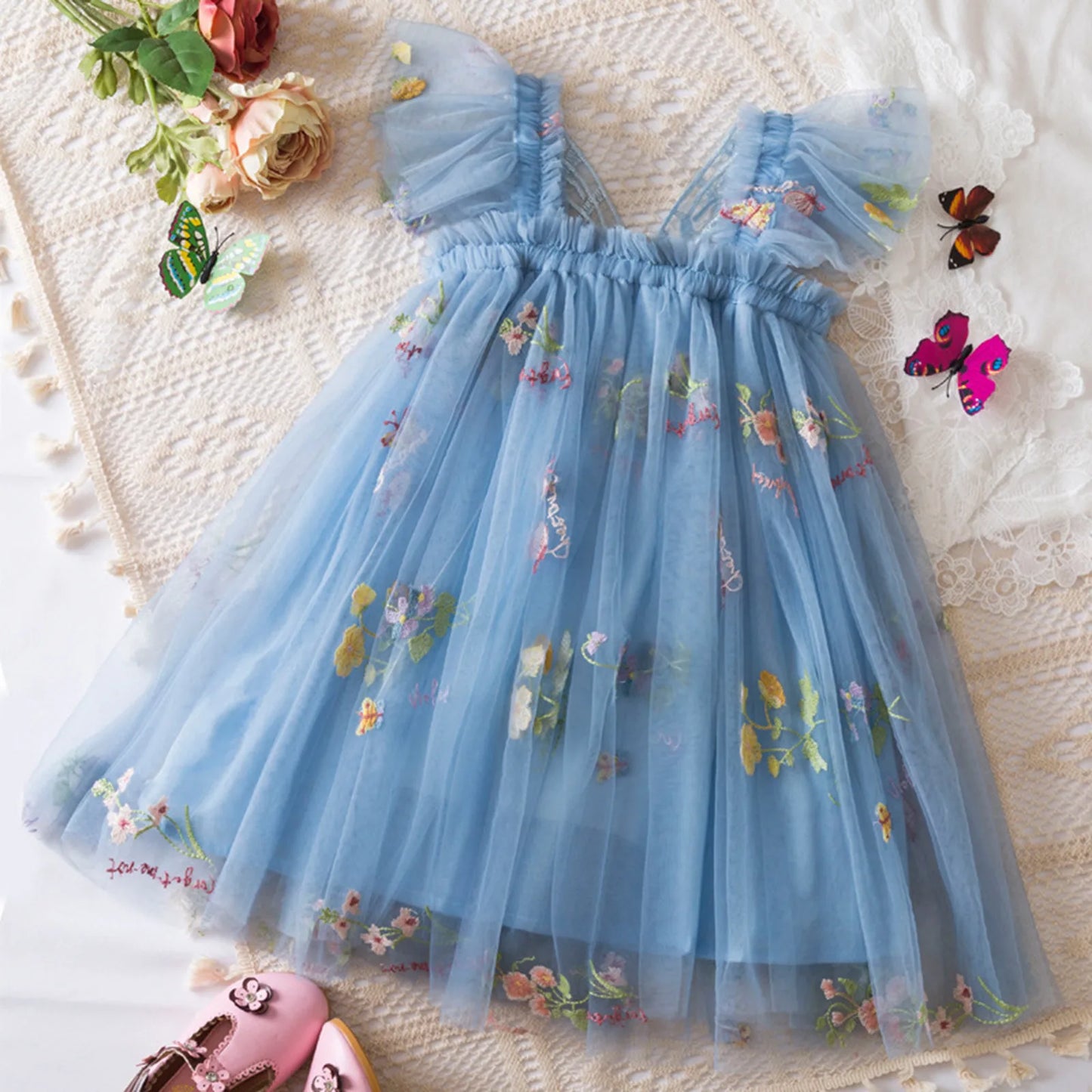 Delicate Party Prom Evening Dress Colorful Flower Embroidery Dresses Fashion Butterfly Princess Dress Birthday Princess Clothes