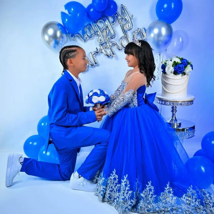 Customized Royal Blue Princess Flower Girl Dress for Wedding Lace Appliques Full Sleeve Baby Birthday Dress First Communion Gown