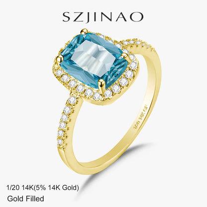 Solid 14K Gold Filled Aquamarine Ring for Women Retro Halo Design Gemstone Ring for Party Mother's Day Gifts Vintage Jewellery