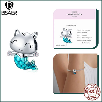 BISAER 925 Sterling Silver Charm Ocean Style Fish Dolphin Mermaid Shell Blue CZ Bead For Necklace&Bracelet DIY Fine Jewelry Gift - AMULET RING STORE