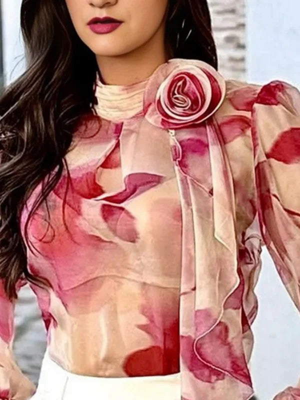 Krisstargirls Women's French Elegant Blouse Floral Print Puff Sleeve Rose Decor Ruffle Shirt Fashion Office Casual Top Ladies