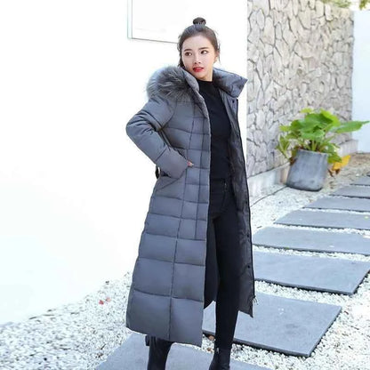 Women's Long Overknee Winter Cotton Padded Coat 2025 Off Season Sale Korean Style Slim Fit Faux Fur Collar Thickened Down Jacket