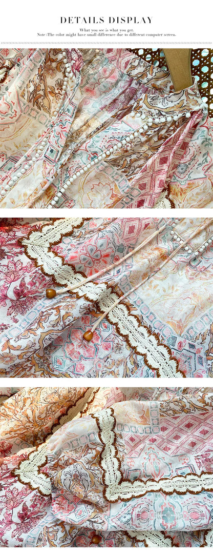 Boho Flrench Chic Floral Blouse Shirt Printed Summer Loose Lace Hollow Out Sexy Ladies Vocation Women Long Sleeve Top Shirts New