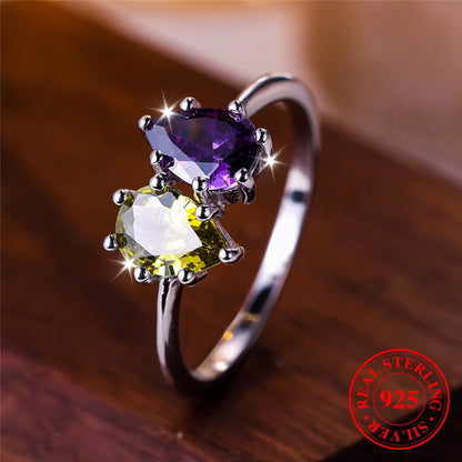 Female Real 925 Sterling Silver Peridot Amethyst Water Drop Engagement Ring Solitaire Vintage Wedding Jewelry For Women