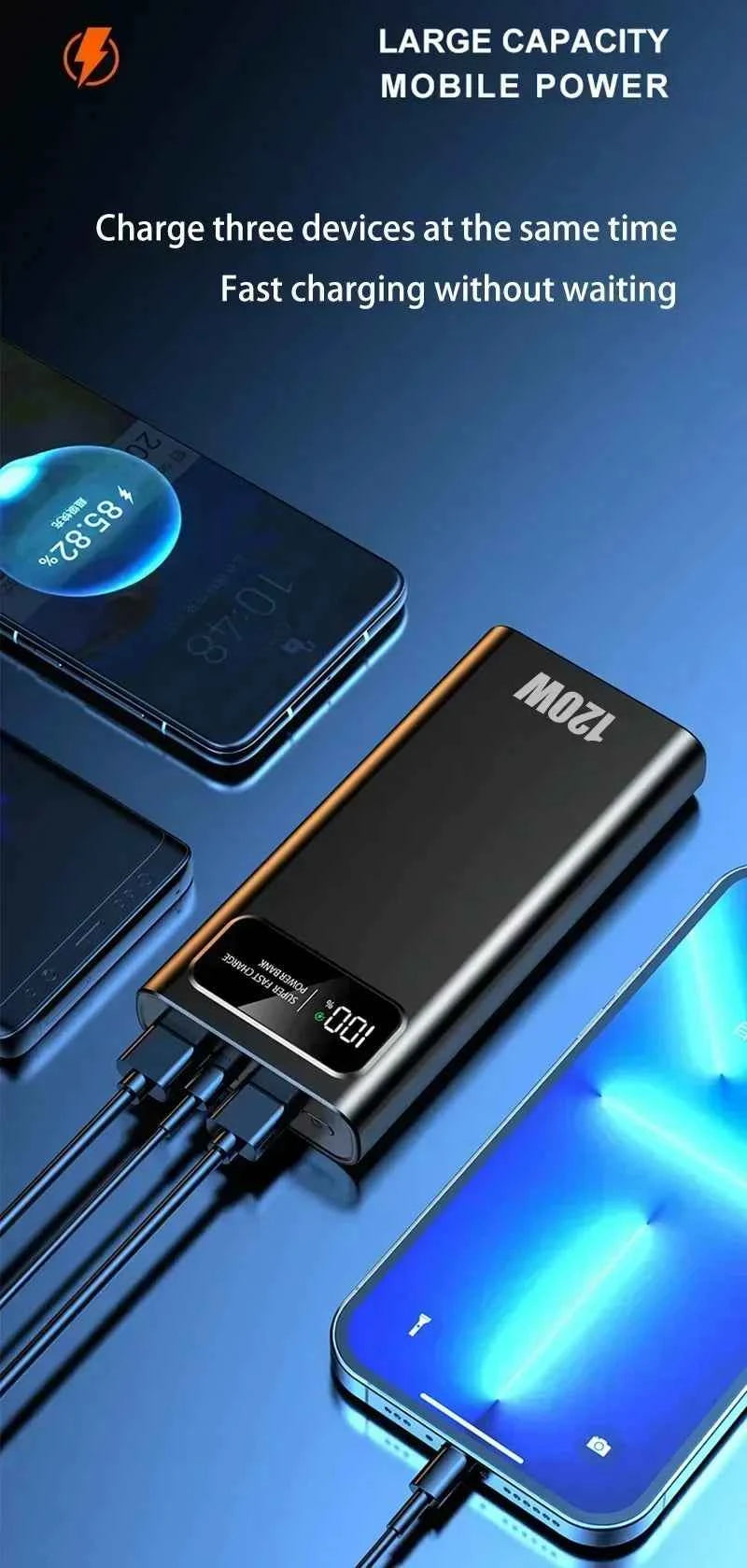 VIVO 200000mAh LED Digital Display Power Bank High Capacity 120W Super Fast Charging Portable External Battery For IPhone New