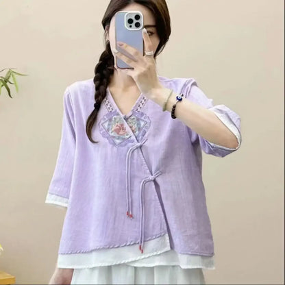 Casual Loose Blouse Shirt Women Clothes Summer Cotton Linen Ladies Tops Tee Blusas Vintage Embroidery Woman Shirt Camiseta Mujer